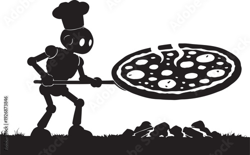 Robot chef cooking absurdly large pizza, surreal fun.shillhoutee
