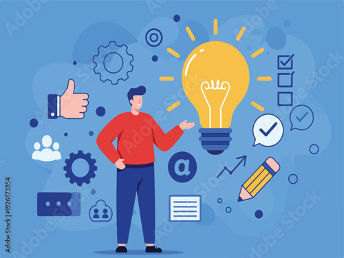 Man presenting a lightbulb idea surrounded by creative symbols and icons on blue background  creative concept