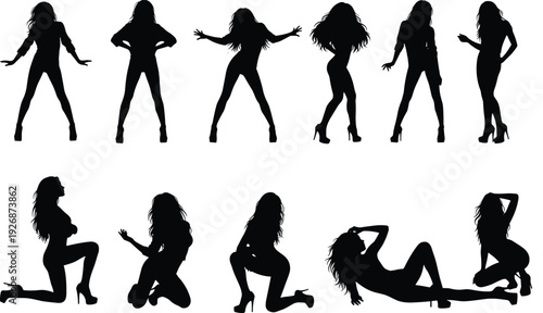 Collection of female dancer silhouettes in dynamic sexy poses wearing high heels isolated for nightclub party fashion vector design illustration set bundle