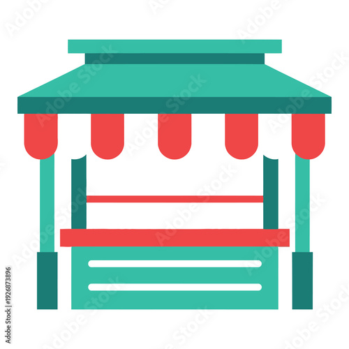 Teal and red food cart or kiosk with awning and shelves  outdoor market stall icon