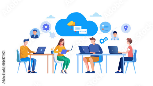 Flat vector business technology cloud computing service concept and with developer team working concept. Flat office worker with marketing, collaboration, finance, and IT meeting using laptop .vector