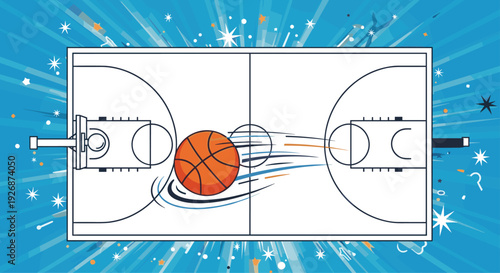 Dynamic top-down view of a professional basketball court featuring an orange basketball in rapid motion across the court floor.
