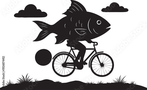 Surreal fish flying bicycle, playful absurdity. shillhoutee
