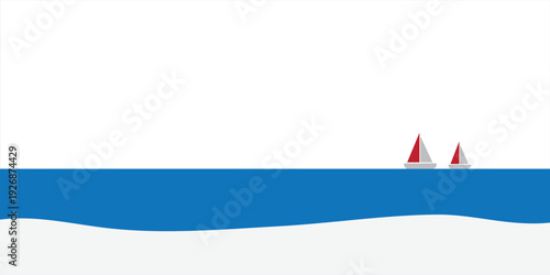 Minimalist Sailboats on Blue Ocean Horizon with White Sky.