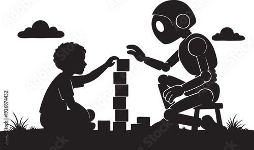 Robot and child building block tower, connection.
