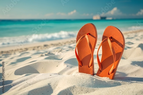 Orange Flip‑Flops in Beach Sand – Travel, Vacation, Leisure, Summer, Relaxation, Lifestyle, Coastal
