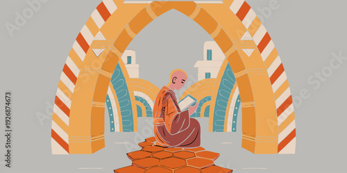 Buddhist Monk  in Temple Corridor Flat Vector Illustration