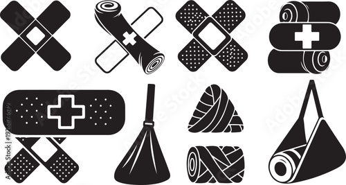 First aid medical supplies and bandages illustration set black