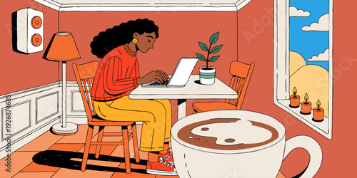 Woman Working on Laptop at Home Flat Vector Illustration