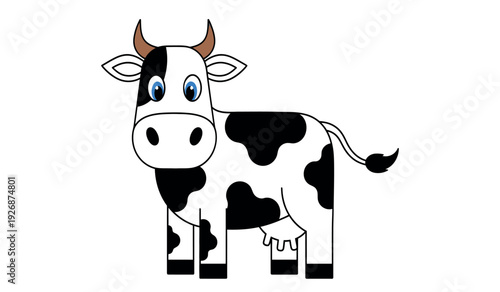 A cartoon cow with black and white spots and blue eyes standing