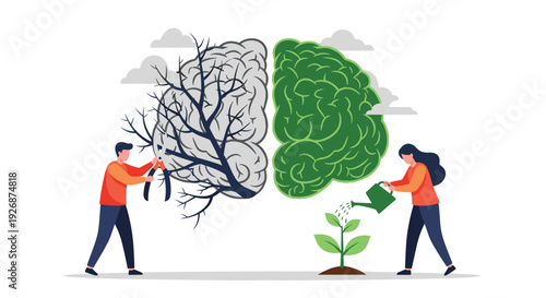 Conceptual illustration of mental health care with two people pruning and watering different parts of a large human brain.
