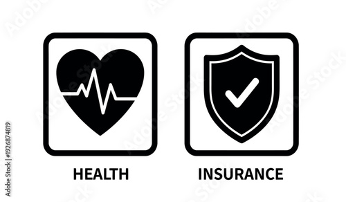 Health and insurance icons with heart and shield symbols on for medical protection