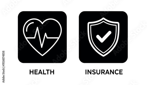 Health and insurance icons with heart and shield symbols