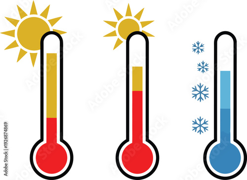 Thermometers displaying varying temperature conditions with sun and snow icons.