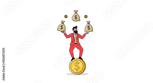 Ambitious businessman in a red suit balances on a giant gold coin while skillfully juggling several bags of money in the air.