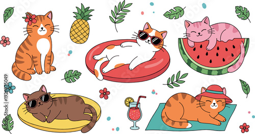 Cute Summer Cats Collection with Sunglasses, Watermelon Float and Tropical Elements Flat Vector Illustration Set