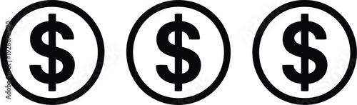 Three circular icons featuring the dollar sign symbol in black and white