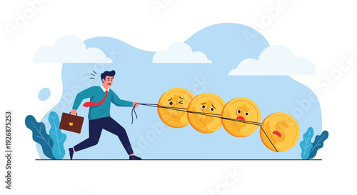 Overwhelmed businessman struggles to pull four giant and heavy gold coins with sad faces along a path to represent financial burden.