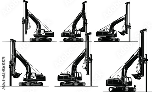 Construction machine silhouette vector illustration of pile driver excavator equipment in multiple angles, heavy machinery civil engineering foundation support design artwork