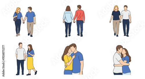 Series of illustrations depicting various couples expressing their affection by walking together and sharing warm and loving embraces.