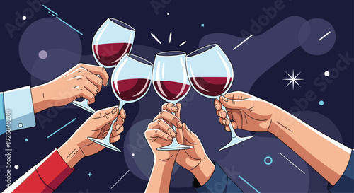 Group of friends celebrate by raising and clinking their wine glasses for a toast against a stylish and dark celebratory background.