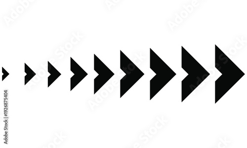 Vector graphic illustration of black arrows of different sizes pointing right on a white background creating a sense of movement and progression.