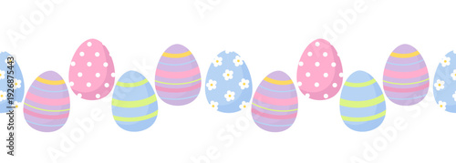 Cute Easter repeated  border with decorated colorful eggs. Perfect for spring holiday decorations. Flat vector illustration.