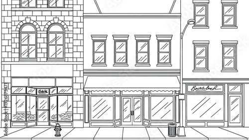 Line drawing of a city street with three storefronts. Each building has large windows and awnings. A lamp post and trash can sit on the sidewalk.