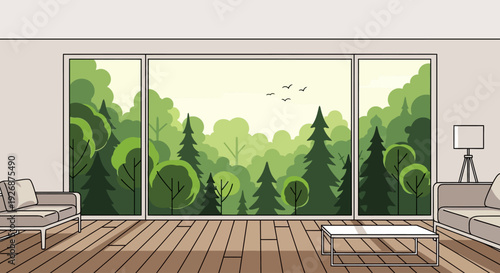 A bright, modern living room with a large window overlooking a lush green forest with birds flying in the sky.