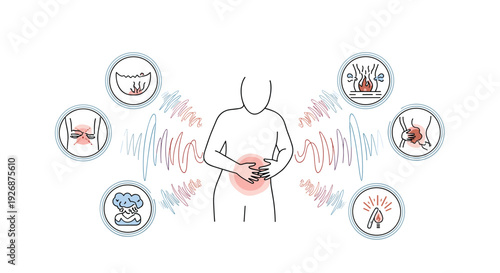 Medical illustration of a person experiencing abdominal pain with several icons showing different types of stomach discomfort.
