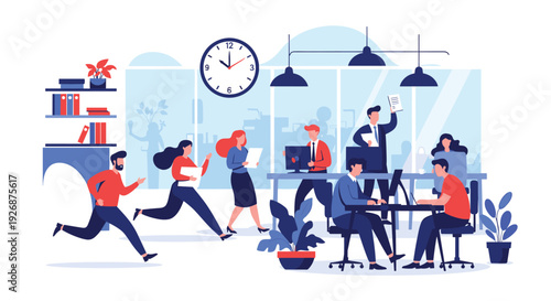 Busy and dynamic office environment with diverse employees working at their desks, rushing between meetings, and managing paperwork.