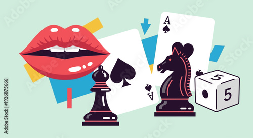 A vibrant illustration featuring a collection of game elements like playing cards, chess pieces, a die, and red lips, set against abstract shapes.