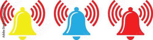 Three colorful bells emitting different signal waves in a row