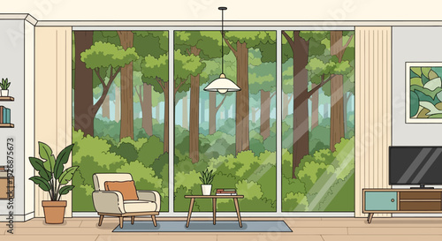 A cozy living room with a large window overlooking a lush green forest, featuring modern furniture and natural light.