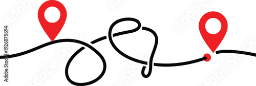 Two map pins connected by a winding path line illustration