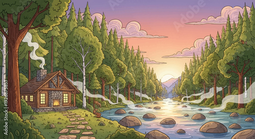 A cozy cabin nestled beside a steaming river in a lush forest at sunset.
