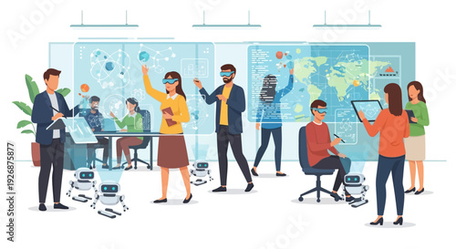 Diverse team collaborating in a modern office with technology.