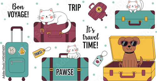 Cute Travel Pets Collection with Cat and Dog in Suitcases Bon Voyage Cartoon Flat Vector Illustration Set