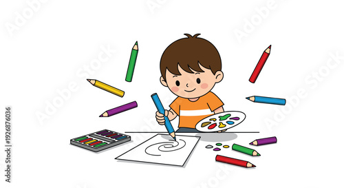 Creative young boy sitting at a table drawing and coloring with many vibrant pencils and a paint palette on a white background.