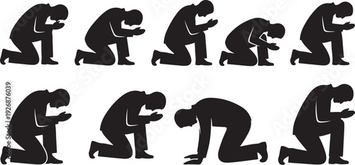 Man in various kneeling praying positions in black silhouette