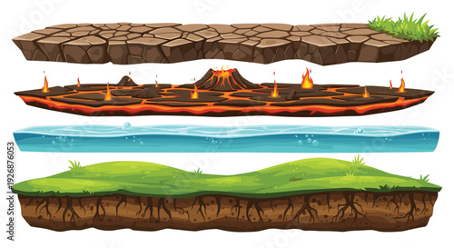 Set of landscape terrain layers for game design featuring cracked earth volcanic lava deep water and lush green grass textures.