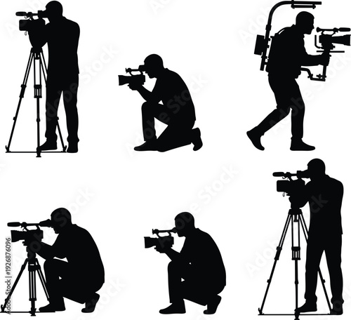 Professional videographer silhouette set featuring cameramen with tripods, shoulder rigs, and handheld cameras for media production, film broadcasting, and journalism