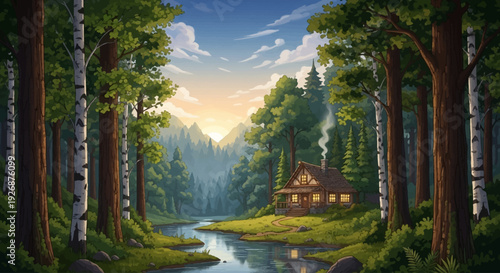 A cozy cabin nestled beside a serene river in a lush, sun-drenched forest with distant mountains.