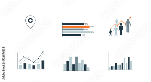 Professional business infographic elements including bar charts line graphs and demographic data visualizations for marketing reports.