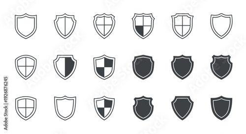 Extensive set of shield icons in different styles and levels of detail representing security protection and digital safety concepts.