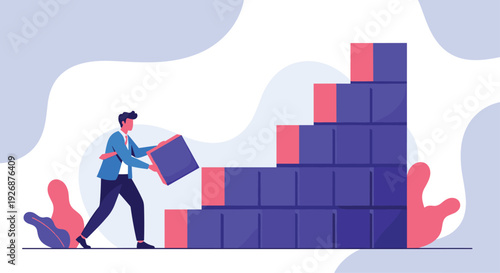 Determined businessman building a staircase out of large purple blocks representing career progress and step by step success.