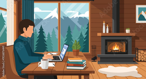 A man works on his laptop in a cozy cabin with a fireplace and a view of snow-capped mountains and pine trees.