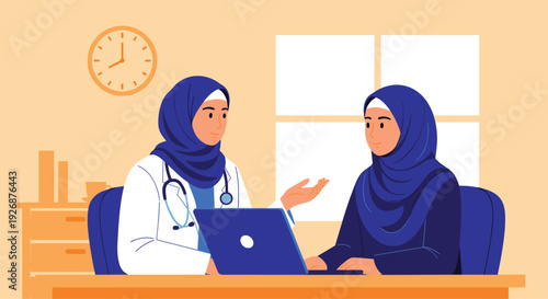 Muslim female doctor wearing a blue hijab consulting with a female patient using a laptop in a bright medical clinic office.