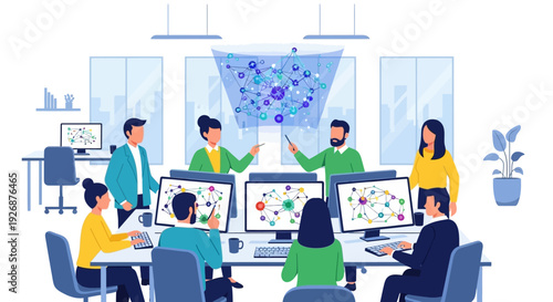 Diverse team collaborating on data visualization project.