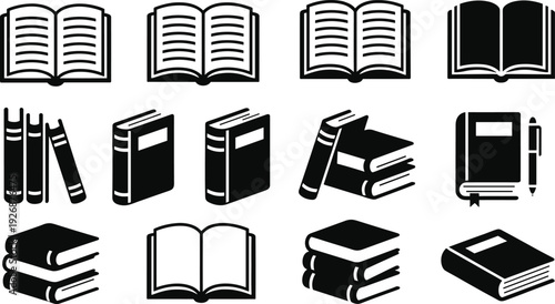 Book Icons and Open Book Silhouettes Collection Isolated on White Background Education Library Vector Illustration Set